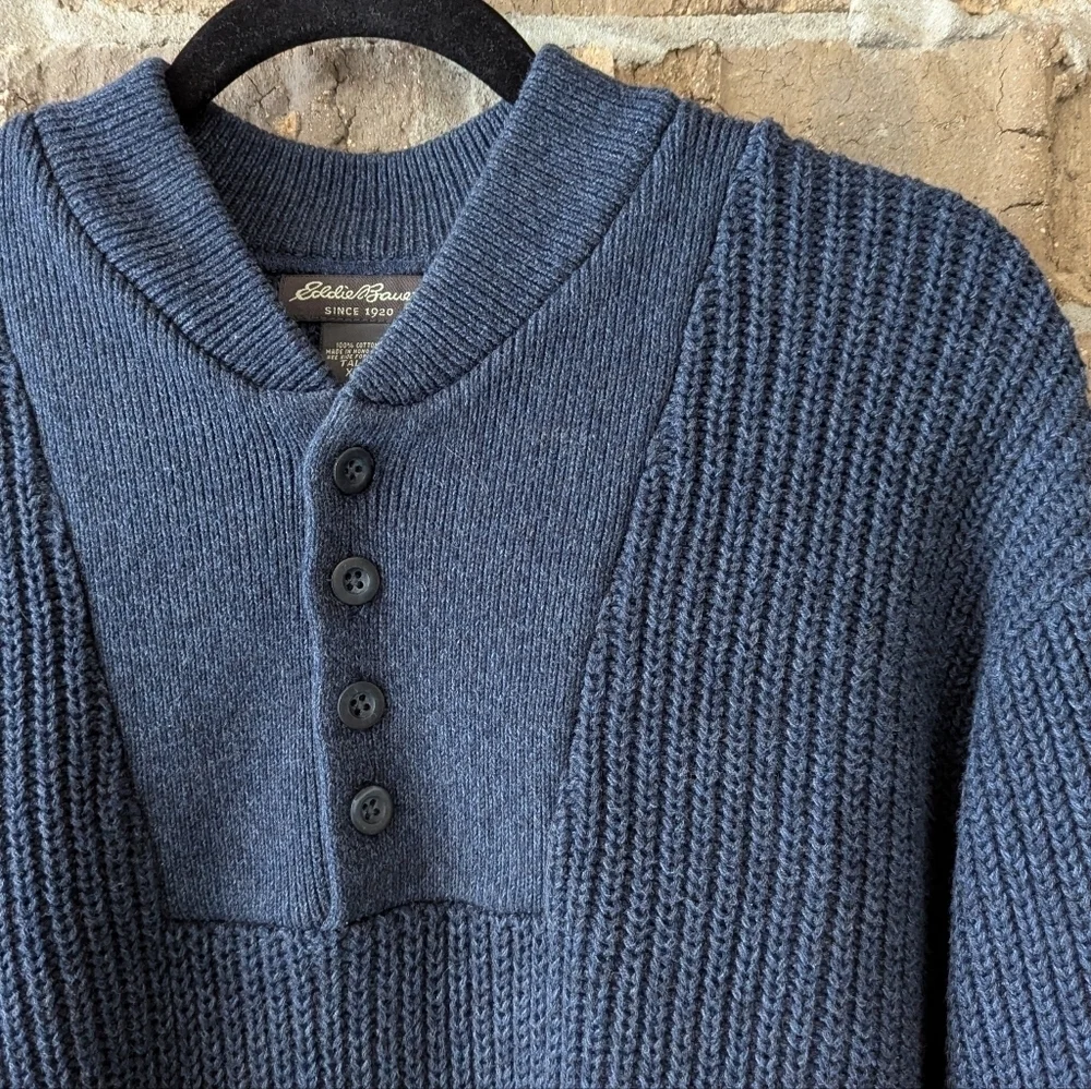 Vintage 90s Eddie Bauer Navy Blue Shaker Stitch Henley Sweater Size XL TALL - Picture 2 of 7